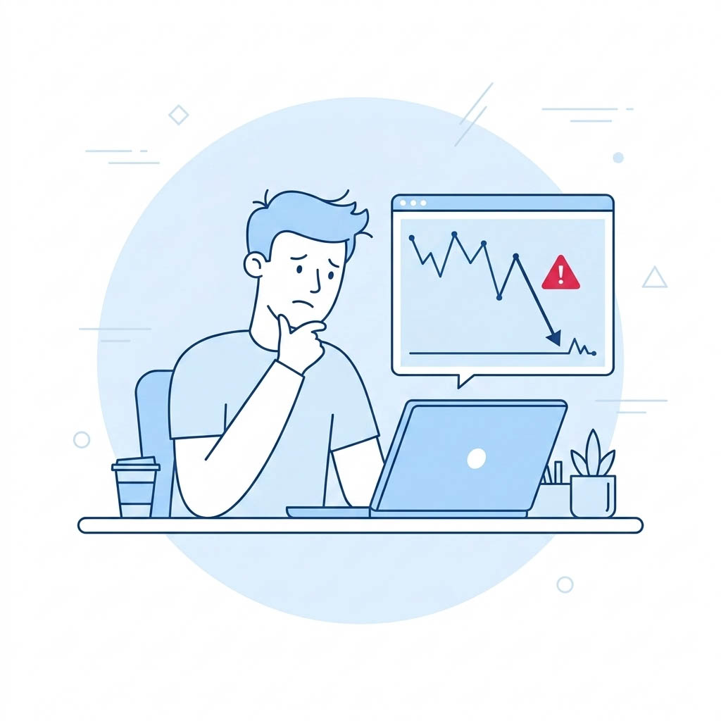 Crypto scam investigation — person looking concerned at laptop showing falling cryptocurrency chart — ScamResponse.ca Canada